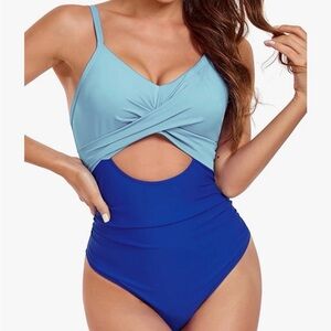 Blue and Light Blue Women's One Piece Swimsuit